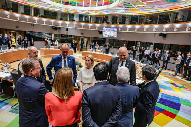 June 18, 2026, Brussels, Belgium, European Union: Clockwise from left, KAJA KALLAS, EU High Representative for Foreign Affairs and Security Policy; ANDRIS KULBERGS, Prime Minister of Latvia; NICUSOR DAN, President of Romania; ANTONIO COSTA, President of the European Council; LUIS MONTENEGRO, Prime Minister of Portugal; ROBERTA METSOLA, President of the European Parliament; KRISTEN MICHAL, Prime Minister of Estonia; RUMEN RADEV, Prime Minister of Bulgaria; and FRIEDRICH MERZ, Chancellor of Germany, speak in a circle ahead of a roundtable meeting inside the European Council during the European Council Summit in Brussels. Brussels European Union - ZUMAo116 20260618_znp_o116_131 Copyright: xBiancaxOterox