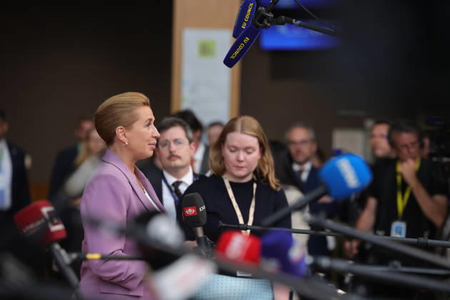 June 18, 2026, Brussels, Belgium, European Union: METTE FREDERIKSEN, Prime Minister of Denmark, speaks to the press ahead of a roundtable meeting during the European Council Summit in Brussels. Denmark is expected to focus on European defence, competitiveness, migration, economic security and the EUâ€⠢s next long-term budget, alongside wider discussions on Ukraine and the Middle East. Brussels European Union - ZUMAo116 20260618_znp_o116_132 Copyright: xBiancaxOterox