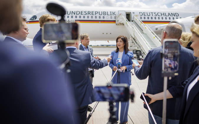 Katherina Reiche (CDU), Federal Minister for Economic Affairs and Energy, photographed during her trip to Turkey. Here at Berlin Airport. Photographed on behalf of the BMWE, Berlin, Germany,detected_source_language Copyright: xThomasxKoehlerx
