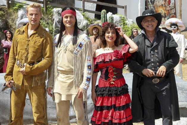 ABB KARLMAY Bastian Semm as Old Shatterhand, Alexander Klaws as Winnetou, Isabel Varell as Senorita Miranda, Florian Fitz as mine owner Roulin—the actors in makeup and costume on Friday, June 19, 2026, during the dress rehearsal for the play In the Valley of Death at the 2026 Karl May Festival in the