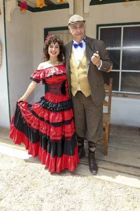 ABB KARLMAY Isabel Varell as Senorita Miranda, Heinrich Schafmeister as Sir John Raffley—the actors in makeup and costume on Friday, June 19, 2026, during the dress rehearsal for the play In the Valley of Death at the 2026 Karl May Festival in Indian Village at Kalkberg. The premiere will take place on June 27 at the open-air theater on the Kalkberg i