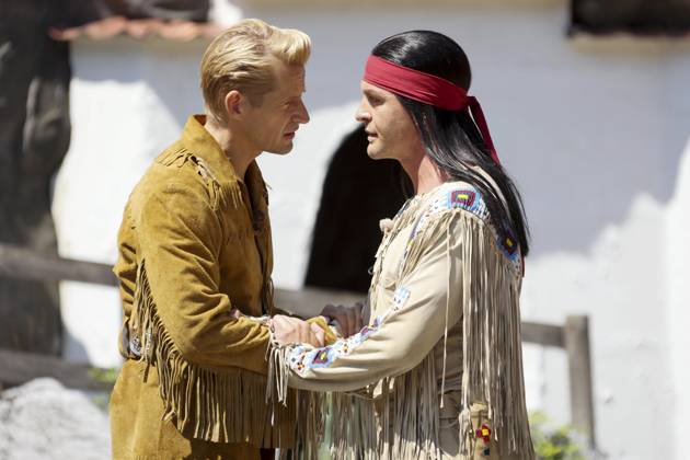 ABB KARLMAY Bastian Semm Old Shatterhand Alexander Klaws Winnetou—the actors in makeup and costume on Friday, June 19, 2026, during the dress rehearsal for the play In the Valley of Death at the 2026 Karl May Festival in the Indian Village on the Kalkberg. The premiere will take place on June 27 at the open-air theater on the Kalkberg in Bad Segeberg, Schleswig-Holstein, Germany,detect
