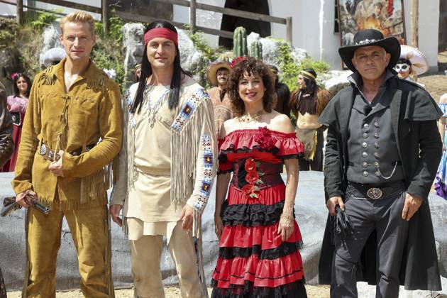 ABB KARLMAY Bastian Semm as Old Shatterhand, Alexander Klaws as Winnetou, Isabel Varell as Senorita Miranda, Florian Fitz as mine owner Roulin—the actors in makeup and costume on Friday, June 19, 2026, during the dress rehearsal for the play In the Valley of Death at the 2026 Karl May Festival in the