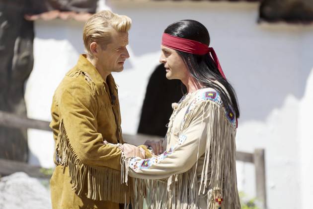 ABB KARLMAY Bastian Semm Old Shatterhand Alexander Klaws Winnetou—the actors in makeup and costume on Friday, June 19, 2026, during the dress rehearsal for the play In the Valley of Death at the 2026 Karl May Festival in the Indian Village on the Kalkberg. The premiere will take place on June 27 at the open-air theater on the Kalkberg in Bad Segeberg, Schleswig-Holstein, Germany,detect