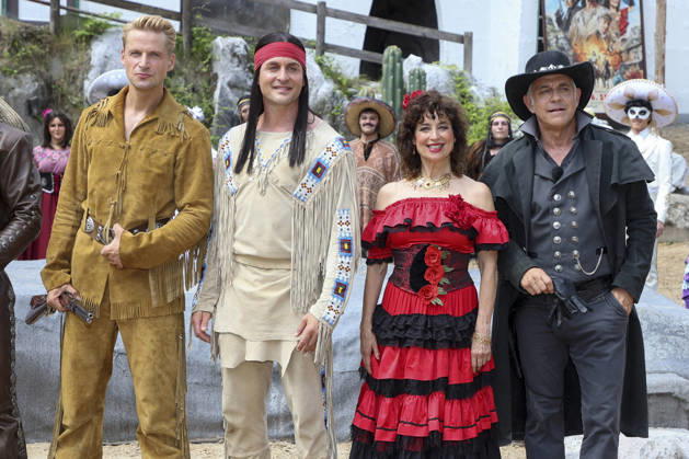 ABB KARLMAY Bastian Semm as Old Shatterhand, Alexander Klaws as Winnetou, Isabel Varell as Senorita Miranda, Florian Fitz as mine owner Roulin—the actors in makeup and costume on Friday, June 19, 2026, during the dress rehearsal for the play In the Valley of Death at the 2026 Karl May Festival in the