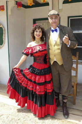 ABB KARLMAY Isabel Varell as Senorita Miranda, Heinrich Schafmeister as Sir John Raffley—the actors in makeup and costume on Friday, June 19, 2026, during the dress rehearsal for the play In the Valley of Death at the 2026 Karl May Festival in the Indian Village at Kalkberg. The premiere will take place on June 27 at the open-air theater on the Kalkbe