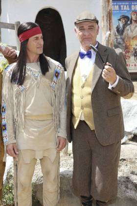 ABB KARLMAY Alexander Klaws as Winnetou, Heinrich Schafmeister as Sir John Raffley—the actors in makeup and costume on Friday, June 19, 2026, during the dress rehearsal for the play In the Valley of Death at the 2026 Karl May Festival in the Indian Village on the Kalkberg. The premiere will take place on June 27 at the open-air theater on the Kalkberg in Bad Segeberg, Sch