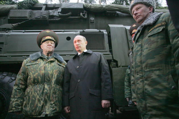 Vladimir Putin Vladimir Putin visited base of russian strategic rocket forces in Teikovo of Inanovo Region.Defence Minister Sergei Ivanov(r)and Commander in Chief of Strategic Rocket Forces general Nikolai Solovtsov(l). Copyright: xPhotoXPressx