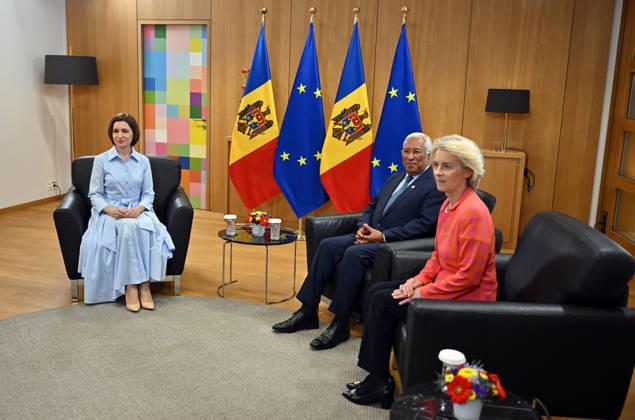 EU-Moldova Summit BRUSSELS, BELGIUM - JUNE 22: Moldovan President Maia Sandu (L), President of the European Council Antonio Costa (C) and President of the European Commission Ursula von der Leyen (R) attend the European Union-Moldova Summit in Brussels, Belgium, on June 22, 2026. Dursun Aydemir Anadolu Brussels Belgium. Editorial use only. Please get in touch for any other usage.  Copyright: x2026xAnadoluxDursunxAydemirx