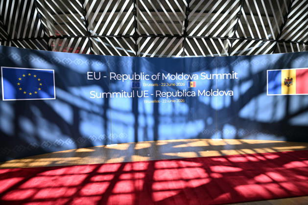 EU-Moldova Summit BRUSSELS, BELGIUM - JUNE 22: A view of the backdrop prepared for the European Union-Moldova Summit as the meeting begins in Brussels, Belgium, on June 22, 2026. Dursun Aydemir Anadolu Brussels Belgium. Editorial use only. Please get in touch for any other usage.  Copyright: x2026xAnadoluxDursunxAydemirx