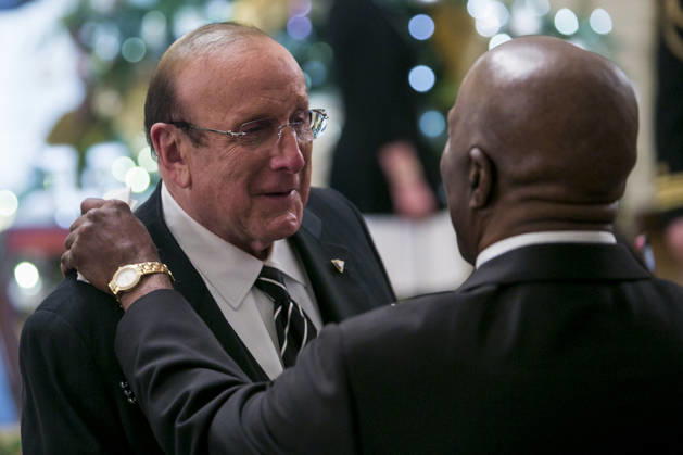 Clive Davis, left, and Buddy Guy, right attend a reception at the White House for the 2013 Kennedy Center Honorees on December 8, 2013 in Washington, DC. The honorees this year include: opera singer Martina Arroyo, jazz musician Herbie Hancock, musician Billy Joel, actress Shirley MacLaine and musician Carlos Santana. Copyright: xKristofferxTripplaarx xPoolxviaxCNPx MediaPunchx