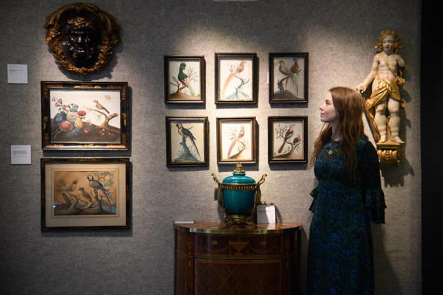 Bonhams Classics Week Sales at Bonhams, London, UK - 29 June 2026 A staff member views (middle) - A part set of three good basso relievo pictures of exotic birds, together with a further part set of three basso relievo pictures of exotic birds after the designs of George Edwards (British, 1694 1773) and also in the manner of Samuel Dixon (est. £6k - £8k) and (bottom) - A 19th century gilt bronze mounted Chinese turquoise glazed porcelain pot-pourri vase and cover of unusually large size - The mounts in the Louis XV style (est. £2k - £3k) which is part of Bonhams Classics Week Sales on 30th June - 2nd July at Bonhams, London, England, UK on Monday 29 June, 2026., Credit:Justin Ng Avalon UK, England, London, Bonhams Copyright: xJustinxNgx xAvalonx 1113334535