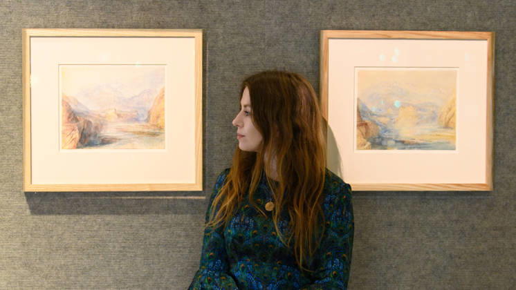 Bonhams Classics Week Sales at Bonhams, London, UK - 29 June 2026 A staff member views (L) - Schloss Rhäzüns, Distant View, the Domleschg Valley, Switzerland by Joseph Mallord William Turner (est. £350k - £500k) and (R) - Schloss Rhäzüns, Near View, Switzerland by Joseph Mallord William Turner (est. £300k - £500k) which is part of Bonhams Classics Week Sales on 30th June - 2nd July at Bonhams, London, England, UK on Monday 29 June, 2026., Credit:Justin Ng Avalon UK, England, London, Bonhams Copyright: xJustinxNgx xAvalonx 1113334543
