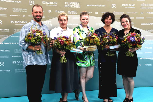 Award Winners: Christoph Otto, Best Emerging Producer; Susanne Heinrich, Best Emerging Screenwriter; Ricarda Seifried, Best Emerging Actress; Ella Cieslinski and Nina Wesemann, Best Emerging Female Directors; Munich, July 4, 2026; University of Television and Film; 43rd Munich Film Festival; Support Award New German Cinema Bernd Eichinger Square Photo Munich