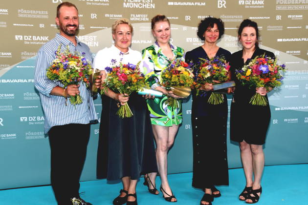 Award Winners: Christoph Otto, Best Emerging Producer; Susanne Heinrich, Best Emerging Screenwriter; Ricarda Seifried, Best Emerging Actress; Ella Cieslinski and Nina Wesemann, Best Emerging Female Directors; Munich, July 4, 2026; University of Television and Film; 43rd Munich Film Festival; Support Award New German Cinema Bernd Eichinger Square Photo Munich
