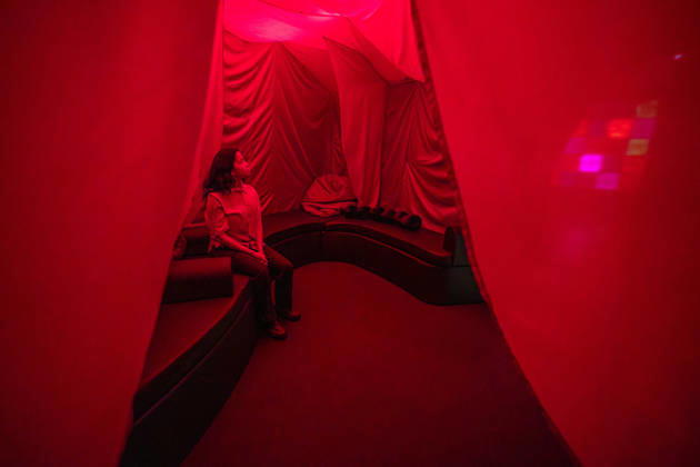 Rudy Loewe: Intimacies of Care at Wellcome Collection, London, UK 8 July 2026 The Space Within, 2026, at the preview of Rudy Loewe: Intimacies of Care Spaces of Grief and Possibility at the Wellcome Collection, London, UK, on 8 July 2026. The immersive installation creates a space for rest and reflection away from the overwhelming environment of the city, with warm tones evoking red light therapy, which studies suggest can help reduce anxiety, alongside sound pieces created by the artist, on view from 10 July 2026 until 7 February 2027., Credit:Pete Speller Avalon  Copyright: xPetexSpellerx xAvalonx 1115222999