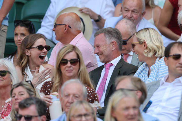 . 08 07 2026. London, United Kingdom. Queen Camilla, Peter Phillips and Harriet Sperling in the Royal Box and Geri Halliwell laughing with Zara Tindall on day ten of the Wimbledon Tennis Championships in London. xStephenxLockx xi-Imagesx IIM-26894-0050