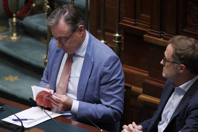 Prime Minister Bart De Wever and PS Paul Magnette pictured during a plenary session of the Chamber at the Federal Parliament in Brussels, Thursday 09 July 2026. NICOLASxMAETERLINCK 180779320