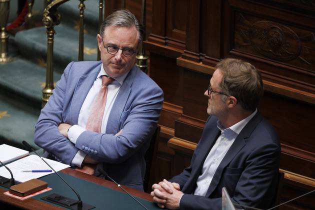Prime Minister Bart De Wever and PS Paul Magnette pictured during a plenary session of the Chamber at the Federal Parliament in Brussels, Thursday 09 July 2026. NICOLASxMAETERLINCK 180782615