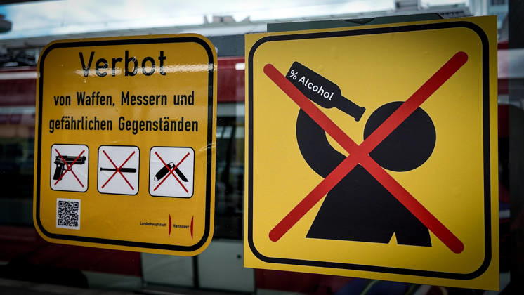 Hanover Central Station Prohibition Sign Prohibited: Weapons, Knives, and Dangerous Objects; Alcohol Prohibited; Alcohol Ban; Hanover, Lower Saxony, DEU, Germany, July 9, 2026