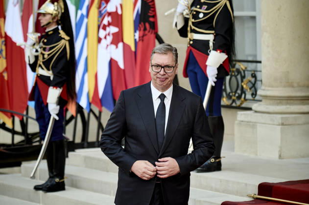 President of Serbia Aleksandar Vucic received at the Elysee Palace on July 13, 2026, for a dinner on the margins of the summit of the Coalition of the Willing. - 13 07 2026 - France Paris -  AntoninxBuratx xLexPictorium LePictorium_0338833