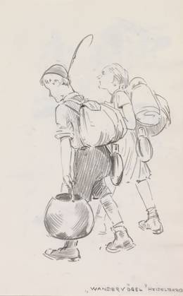 RECORD DATE NOT STATED Two members of the German Wandervogel youth movement, sketchbook page, The boy and the girl are carrying camping gear. Page 30 from a sketchbook with 60 pages., annotation: WANDERVÖGEL HEIDELBERG , draftsman (artist): Otto Verhagen (I), Heidelberg, c. 1930 - c. 1940, draftsman (artist), Baden-Württemberg, inorganic material, paper, chalk, black chalk, height 217 mm x width 143 mm, youth, adolescent, walking., A pencil sketch of two young figures walking side by side, each shown from the back and three-quarter profile, wearing short-sleeved shirts and knee-length bottoms, with backpacks strapped to their shoulders and rolled items attached to the packs; the figure on the left wears a cap and carries a round pot by its handle at their si  Copyright Penta Springs LCK260618_20645