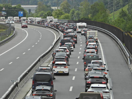 July 19, 2026, Switzerland, Sunday, start of summer vacation, photo: traffic jam in front of the northern portal of the Gotthard Tunnel,