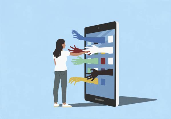 Hands reaching out from smart phone toward woman using mobile apps, touching screen  Copyright: MaltexMueller fStopImages2107056