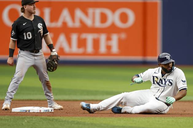 August 2, 2026, St. Petersburg, Florida, USA: Tampa Bay Rays third baseman Junior Caminero (13) slides into second base but is out during a double play in the eighth inning against the Chicago White Sox on Sunday, Aug. 2, 2026 in St. Petersburg. St. Petersburg USA - ZUMAs70_ 20260802_zan_s70_019 Copyright: xLuisxSantanax