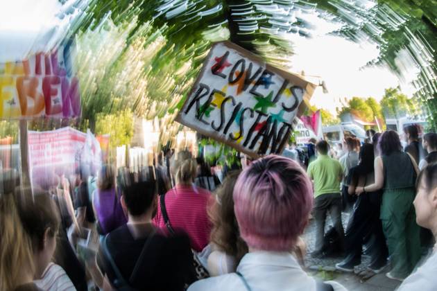 August 2, 2026, Berlin, Germany: BERLIN, Germany †August 2, 2026: Thousands of people gather at Neptunebrunnen under the slogan â€oeFrom Grief to Anger to Resistance†to condemn the recent attack at Berlin Pride. The peaceful march continued to the Brandenburg Gate with participants carrying banners, posters, and drums. Police arrested one suspect near the demonstration who was carrying a German flag and fireworks. Berlin Germany - ZUMAq101 20260802_zna_q101_177 Copyright: xAndro SxTrujillox