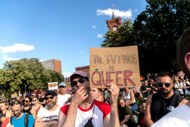 August 2, 2026, Berlin, Germany: BERLIN, Germany †August 2, 2026: Thousands of people gather at Neptunebrunnen under the slogan â€oeFrom Grief to Anger to Resistance†to condemn the recent attack at Berlin Pride. The peaceful march continued to the Brandenburg Gate with participants carrying banners, posters, and drums. Police arrested one suspect near the demonstration who was carrying a German flag and fireworks. Berlin Germany - ZUMAq101 20260802_zna_q101_184 Copyright: xAndro SxTrujillox