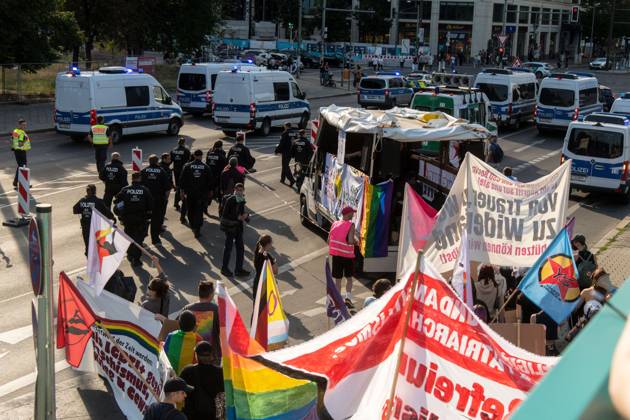 August 2, 2026, Berlin, Germany: BERLIN, Germany †August 2, 2026: Thousands of people gather at Neptunebrunnen under the slogan â€oeFrom Grief to Anger to Resistance†to condemn the recent attack at Berlin Pride. The peaceful march continued to the Brandenburg Gate with participants carrying banners, posters, and drums. Police arrested one suspect near the demonstration who was carrying a German flag and fireworks. Berlin Germany - ZUMAq101 20260802_zna_q101_189 Copyright: xAndro SxTrujillox