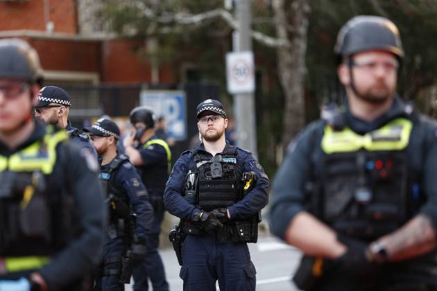 August 3, 2026, Melbourne, Victoria State, Australia: Victoria Police officers are seen near the protest..Protesters gathered to demonstrate against the launch of One NationÃ¢â‚¬â ¢s Victorian state election campaign by party leader Pauline Hanson. The demonstration was organised in opposition to the partyÃ¢â‚¬â ¢s policies and political views as One Nation prepares to contest the upcoming Victorian state election. Melbourne Australia - ZUMAs197 20260803_aaa_s197_014 Copyright: xYexMyoxKhantx