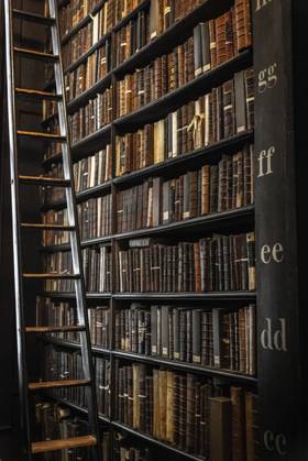 DUBLIN, IRLAND, 21. DEZEMBER 2018: The Long Room in der Trinity College Library, Heimat von The Book of Kells. Eine Leiter, um Bücher auf verschiedenen Ebenen zu erreichen DUBLIN, IRELAND, DECEMBER 21, 2018: The Long Room in the Trinity College Library, home to The Book of Kells. A ladder to reach books at different levels Copyright: imageBROKER AndrésxCónema ibliqx18589530.jpg