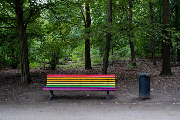 Berlin, August 18, 2026: A maple tree and a rainbow-colored bench serve as a memorial to the Islamic terrorist attack during the CSD on July 25, 2026, in the Tiergarten