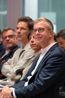 Berlin, August 18, 2026, Bitkom Policy Pitch for the 2026 House of Representatives election at Delta Campus Neukölln: Werner Graf, Steffen Krach, Elif Eralp, Stefan Evers