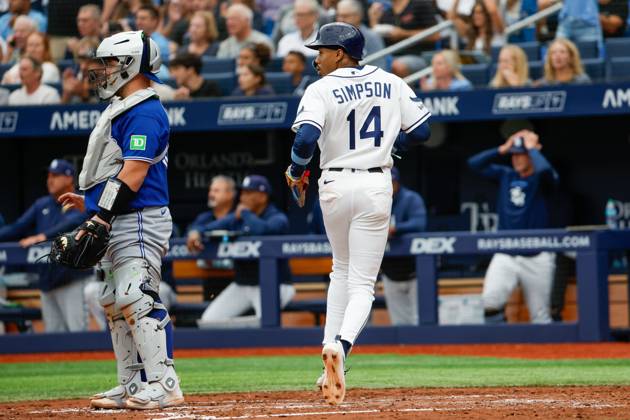 August 20, 2026, St. Petersburg, Florida, USA: Tampa Bay Rays left fielder Chandler Simpson (14) scores at home plate against the Toronto Blue Jays during the fourth inning at Tropicana Field on Thursday, Aug. 20, 2026, in St. Petersburg. St. Petersburg USA - ZUMAs70_ 20260820_zan_s70_020 Copyright: xJeffereexWoox