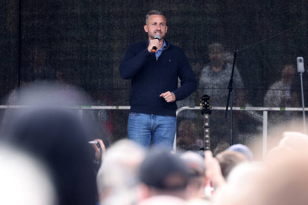 Simson Ride with Ulrich Siegmund: AfD State Election Campaign in Saxony-Anhalt with Lead Candidate Ulrich Siegmund. Pictured: Ulrich Siegmund of the AfD on stage during the state election campaign, AfD, Simson Ride on August 23, 2026, in Quedlinburg, Germany