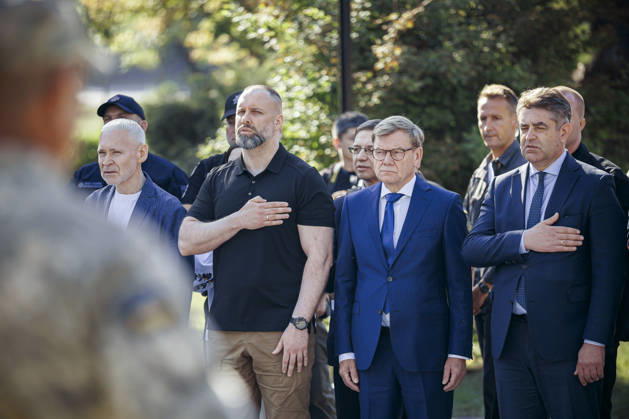 Johann Wadephul (CDU), Federal Minister of Foreign Affairs, participates in a flag ceremony in Kharkiv to mark Ukrainian National Flag Day. Kharkiv, August 23, 2026. Photographed on behalf of the Federal Foreign Office, Kharkiv, Ukraine. Copyright: xThomasxTrutschel AAx