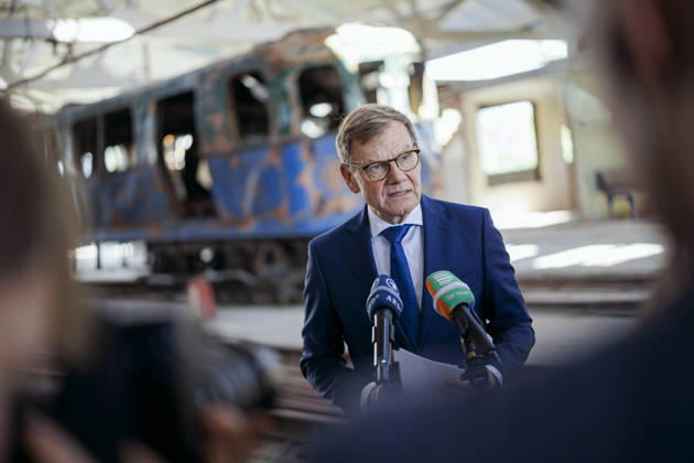 Johann Wadephul (CDU), Federal Minister of Foreign Affairs, delivers a press statement at a destroyed subway depot in the city of Kharkiv. Kharkiv, August 23, 2026. Photographed on behalf of the Federal Foreign Office, Kharkiv, Ukraine. Copyright: xThomasxTrutschel AAx