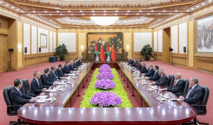 (260824) -- BEIJING, Aug. 24, 2026 -- Chinese President Xi Jinping holds talks with King of the Hashemite Kingdom of Jordan Abdullah II ibn Al Hussein, who is on a state visit to China, at the Great Hall of the People in Beijing, capital of China, Aug. 24, 2026. ) CHINA-BEIJING-XI JINPING-JORDAN-KING-TALKS (CN) ZhaixJianlan 