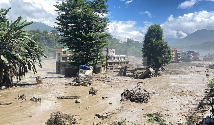 August 26, 2026, Kathmandu, Nepal: A photo extracted from social media shows flood-affected areas in Rasuwa following a flash flood triggered by the Lende River flowing from Tibet, China, and merging with the Bhote Koshi River on August 26, 2026. The flood caused significant damage to houses, infrastructure and settlements in the area near the Nepal-China border. Rescue and relief operations are underway in the affected areas. Kathmandu Nepal - ZUMAs233 20260826_zap_s233_002 Copyright: xSunilxSharmax