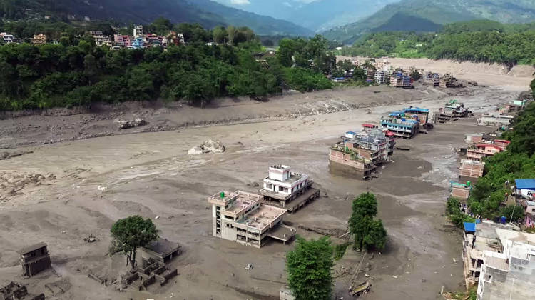 RECORD DATE NOT STATED Flash flood ravages Nepal™s Rasuwa Rasuwa Nepal , Aug 26 (ANI): An aerial view of the houses partially submerged in mud-laden flash flood following an outburst in the Bhotekoshi River, in Rasuwa on Wednesday. (ANI Video Grab) Rasuwa Nepal Copyright: xANIx ANI_20260826163