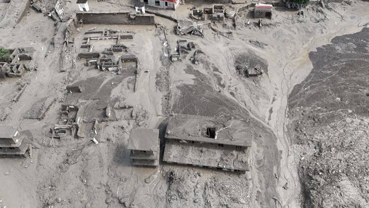 August 26, 2026, Nuwakot, Nepal: An aerial view shows buildings and infrastructure damaged along the swollen Trishuli River following a massive flash flood triggered by an avalanche of ice and rock in the upper Lhende River on the Tibetan side, in Nuwakot district, Nepal, on Wednesday, August 26, 2026. The sudden flood swept through communities along the Bhote Koshi and Trishuli river systems, destroying homes, roads and bridges and leaving widespread devastation downstream. Nuwakot Nepal - ZUMAg200 20260826_zap_g200_019 Copyright: xSkandaxGautamx