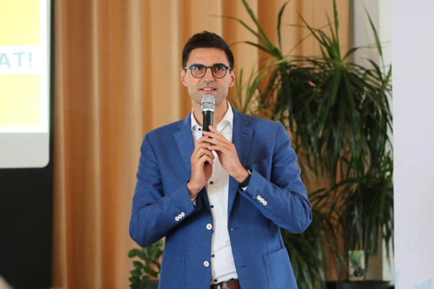 August 26, 2026 Politics: CDU Public Forum with Dr. Johann Wadephul, Sepp Müller, and Dr. Anja Schneider at the Kornhaus in Dessau; Sepp Müller (CDU, Member of the Bundestag) opens the public forum in Dessau-Roßlau, Saxony-Anhalt, Germany
