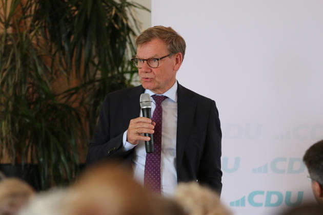 August 26, 2026 Politics CDU Public Forum with Dr. Johann Wadephul, Sepp Müller, and Dr. Anja Schneider, Kornhaus, Dessau Dr. Johann Wadephul, CDU, Member of the Bundestag, Federal Minister of Foreign Affairs, during the public forum in Dessau-Roßlau, Saxony-Anhalt, Germany