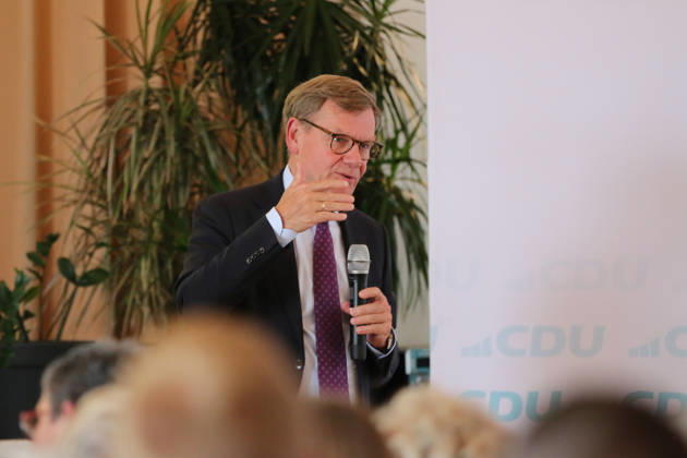 August 26, 2026 Politics CDU Public Forum with Dr. Johann Wadephul, Sepp Müller, and Dr. Anja Schneider Kornhaus Dessau Dr. Johann Wadephul, CDU, Member of the Bundestag, Federal Minister of Foreign Affairs, during the public forum in Dessau-Roßlau, Saxony-Anhalt, Germany