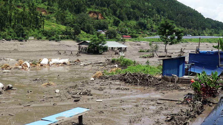 RECORD DATE NOT STATED Flash flood ravages Nepal™s Rasuwa Rasuwa Nepal , Aug 26 (ANI): A view of an area devastated by mud-laden floodwaters following a flash flood caused by an outburst in the Bhotekoshi River, in Rasuwa on Wednesday. Around 105 Indians among the foreign nationals reported missing after the flash flood. (RSS Nepal ANI Video Grab) Rasuwa Nepal Copyright: xANIx ANI_20260826312