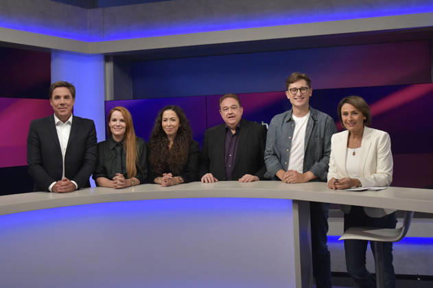 Markus Feldenkirchen, Florence Gaub, Anna Schneider, Oliver Kalkofe, Philipp Türmer, and Sandra Maischberger on the ARD talk show *maischberger* at the studio in Berlin-Adlershof, Berlin, August 26, 2026 Foto:xM.xBehrensx xFuturexImagex maischberger2608_6801