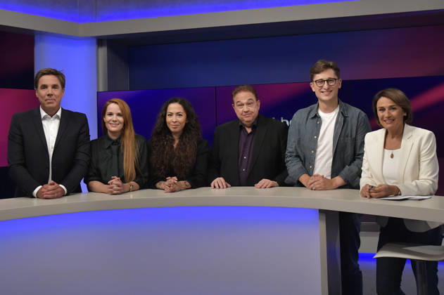 Markus Feldenkirchen, Florence Gaub, Anna Schneider, Oliver Kalkofe, Philipp Türmer, and Sandra Maischberger on the ARD talk show *maischberger* at the studio in Berlin-Adlershof, Berlin, August 26, 2026 Foto:xM.xBehrensx xFuturexImagex maischberger2608_6802
